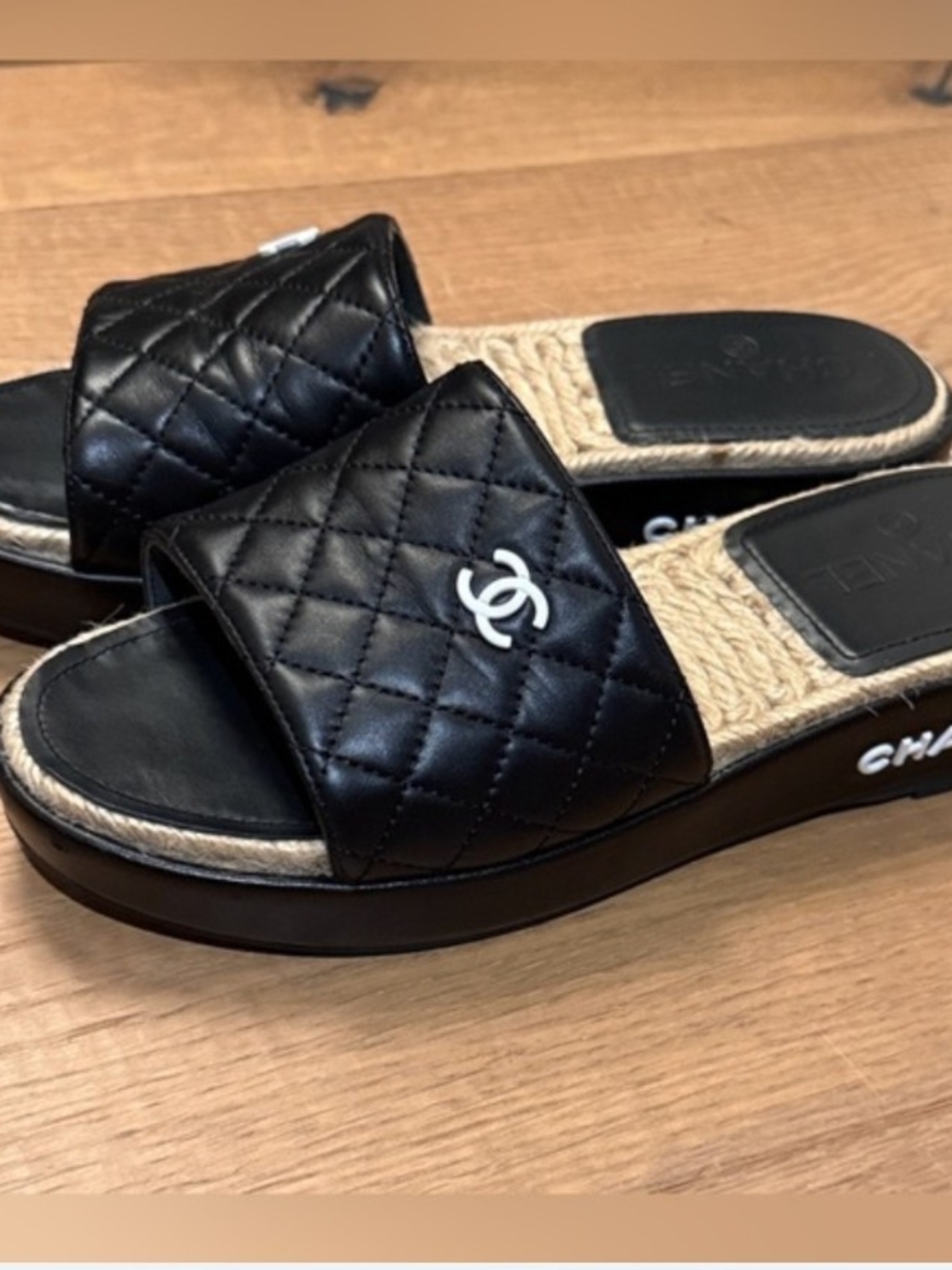Chanel Black Quilted Slide Sandals with Rope Insole Size 39